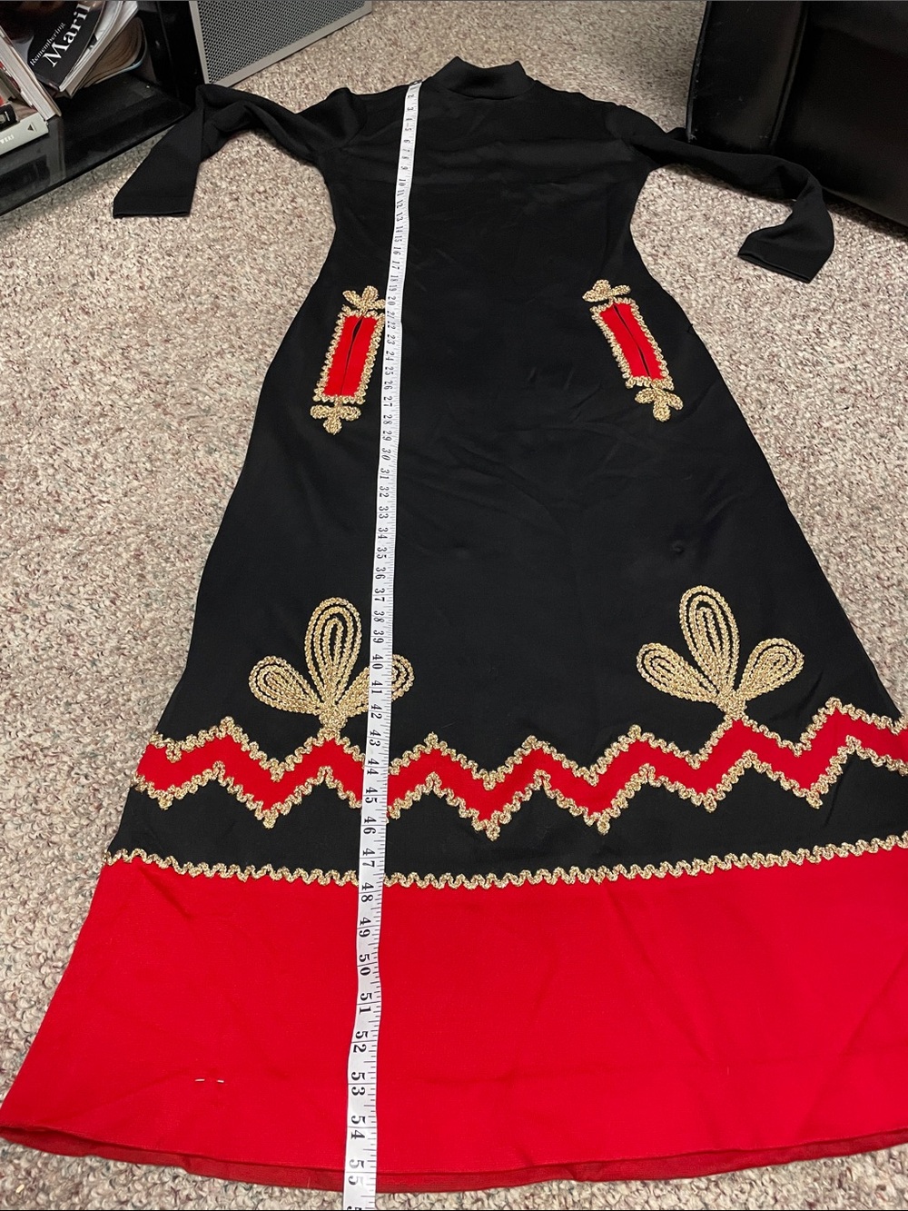 Vintage 60s/70s Black/Red/gold ribbon Maxi gown Dress - Women's Long Sleeve - Picture 7 of 10
